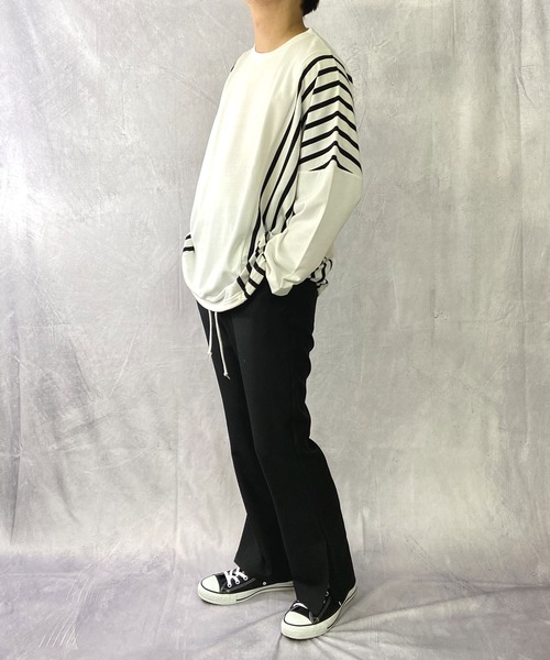 Beno（ビーノ）の「ミニ裏毛 / ストライプ スイッチ 裾スピンドル ビッグシルエット ロンT（Tシャツ/カットソー・メンズ・ブラック/ベージュ/オフホワイト/カーキ・FREE）」の12枚目の写真