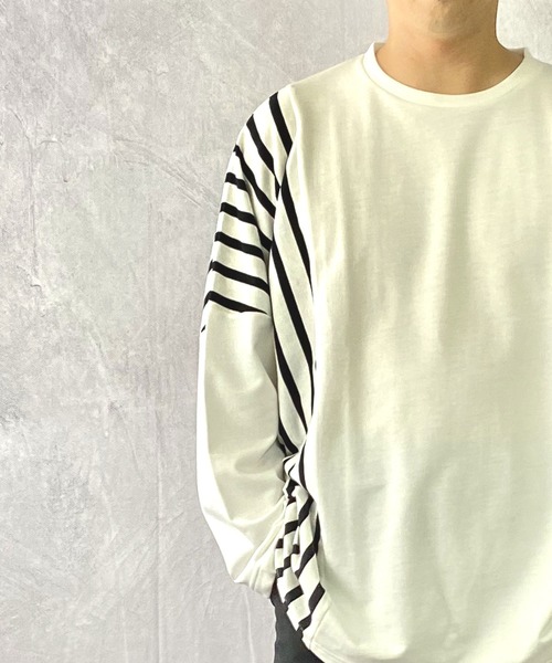 Beno（ビーノ）の「ミニ裏毛 / ストライプ スイッチ 裾スピンドル ビッグシルエット ロンT（Tシャツ/カットソー・メンズ・ブラック/ベージュ/オフホワイト/カーキ・FREE）」の16枚目の写真