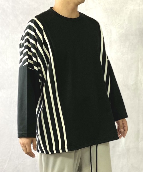 Beno（ビーノ）の「ミニ裏毛 / ストライプ スイッチ 裾スピンドル ビッグシルエット ロンT（Tシャツ/カットソー・メンズ・ブラック/ベージュ/オフホワイト/カーキ・FREE）」の20枚目の写真