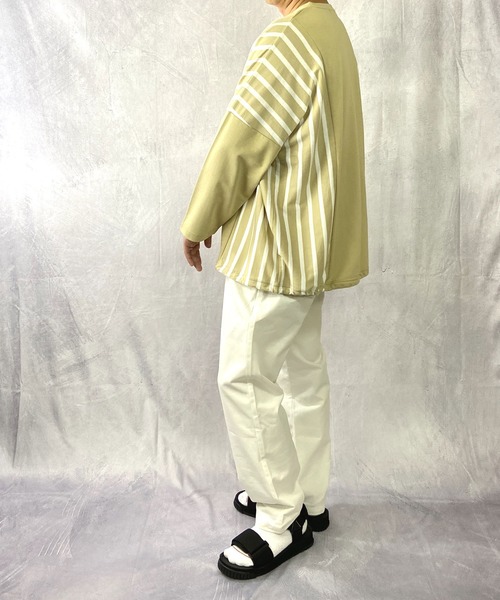 Beno（ビーノ）の「ミニ裏毛 / ストライプ スイッチ 裾スピンドル ビッグシルエット ロンT（Tシャツ/カットソー・メンズ・ブラック/ベージュ/オフホワイト/カーキ・FREE）」の17枚目の写真