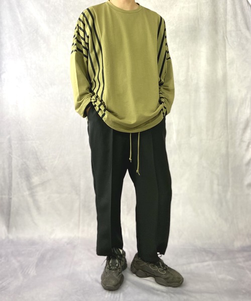 Beno（ビーノ）の「ミニ裏毛 / ストライプ スイッチ 裾スピンドル ビッグシルエット ロンT（Tシャツ/カットソー・メンズ・ブラック/ベージュ/オフホワイト/カーキ・FREE）」の21枚目の写真