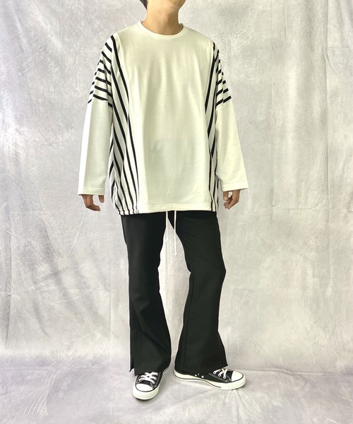 Beno（ビーノ）の「ミニ裏毛 / ストライプ スイッチ 裾スピンドル ビッグシルエット ロンT（Tシャツ/カットソー・メンズ・ブラック/ベージュ/オフホワイト/カーキ・FREE）」の8枚目の写真