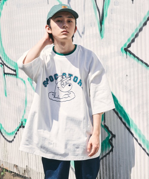 SPOC STORE(スポックストア)の「【SPOC STORE】レイヤード配色 カレッジロゴ半袖カットソー(Tシャツ/カットソー・メンズ・オフホワイト/イエロー/グリーン/コバルトブルー・M/L)」の6枚目の写真