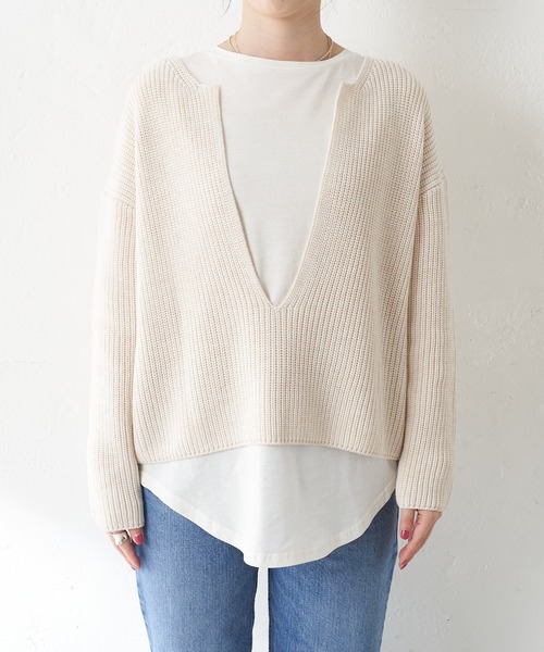 SHENERY（シーナリー）の「片畦スリットネックニットプルオーバー（ニット/セーター・レディース・ピンク/グリーン/アイボリー/ネイビー・FREE）」の9枚目の写真