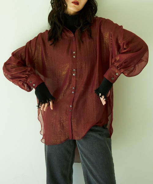 VACANCY（ヴァカンシー）の「シャイニーシアーバンドカラーシャツ（シャツ/ブラウス・レディース・ブラック/グリーン/ボルドー・FREE）」の3枚目の写真