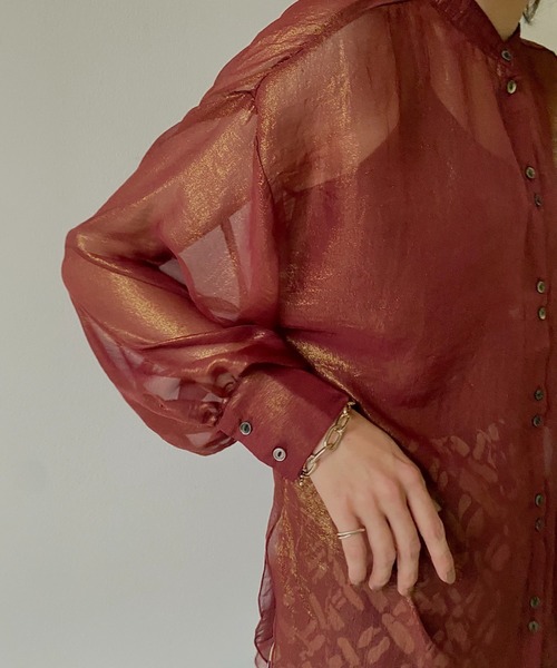 VACANCY（ヴァカンシー）の「シャイニーシアーバンドカラーシャツ（シャツ/ブラウス・レディース・ブラック/グリーン/ボルドー・FREE）」の10枚目の写真