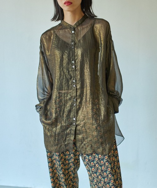 VACANCY（ヴァカンシー）の「シャイニーシアーバンドカラーシャツ（シャツ/ブラウス・レディース・ブラック/グリーン/ボルドー・FREE）」の14枚目の写真