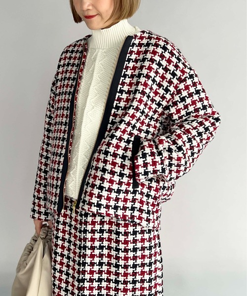PICCIN（ピッチン）の「レトロ千鳥チェックノーカラージャケット（ノーカラージャケット・レディース・グレー/レッド・M/L）」の2枚目の写真