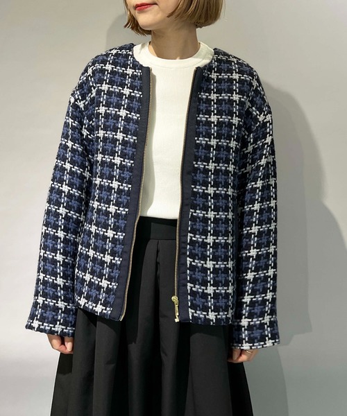 PICCIN（ピッチン）の「レトロ千鳥チェックノーカラージャケット（ノーカラージャケット・レディース・グレー/レッド・M/L）」の19枚目の写真