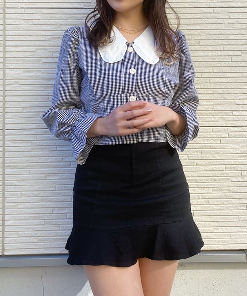 Loueme（ルエム）の「フリルビッグカラーギンガムチェックブラウス 