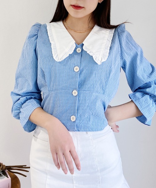 Loueme（ルエム）の「フリルビッグカラーギンガムチェックブラウス 