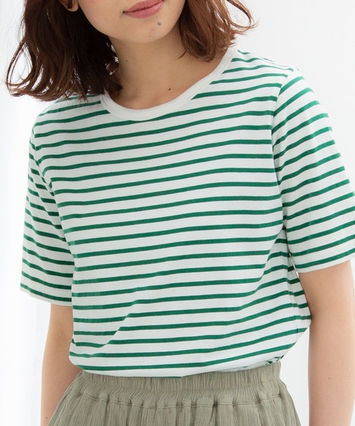 Honeys（ハニーズ）の「オーガニックボーダーＴ（Tシャツ/カットソー・レディース・ホワイト×レッド/ホワイト×グリーン/ホワイト×ネイビー/ベージュ×ブラック/ホワイト×ブルー/ネイビー×ホワイト・L/M/LL）」の3枚目の写真