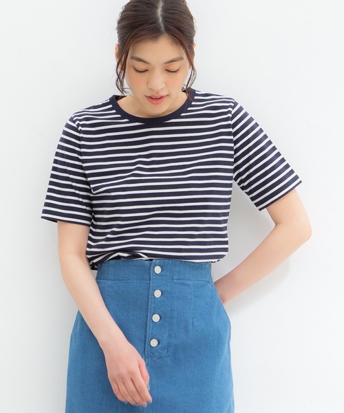 Honeys（ハニーズ）の「オーガニックボーダーＴ（Tシャツ/カットソー・レディース・ホワイト×レッド/ホワイト×グリーン/ホワイト×ネイビー/ベージュ×ブラック/ホワイト×ブルー/ネイビー×ホワイト・L/M/LL）」の6枚目の写真