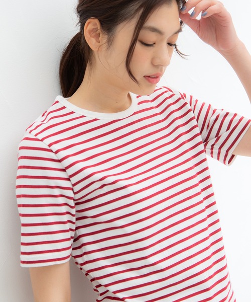 Honeys（ハニーズ）の「オーガニックボーダーＴ（Tシャツ/カットソー・レディース・ホワイト×レッド/ホワイト×グリーン/ホワイト×ネイビー/ベージュ×ブラック/ホワイト×ブルー/ネイビー×ホワイト・L/M/LL）」の17枚目の写真