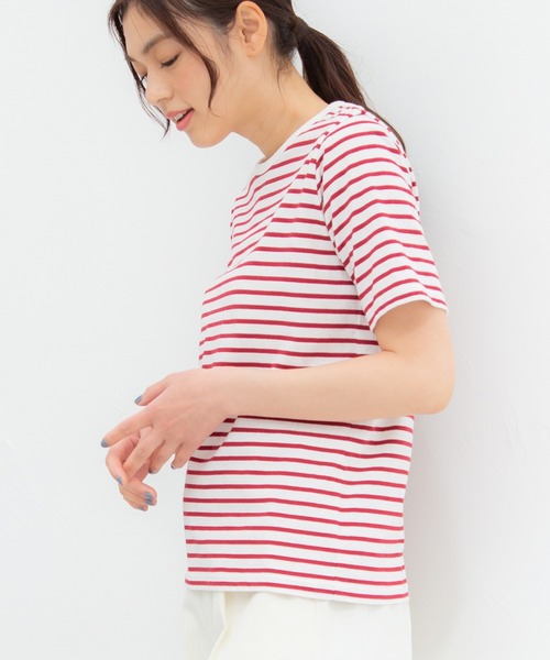 Honeys（ハニーズ）の「オーガニックボーダーＴ（Tシャツ/カットソー・レディース・ホワイト×レッド/ホワイト×グリーン/ホワイト×ネイビー/ベージュ×ブラック/ホワイト×ブルー/ネイビー×ホワイト・L/M/LL）」の18枚目の写真