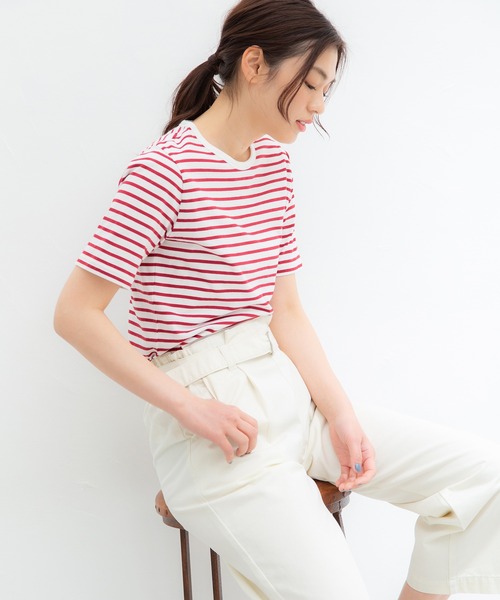 Honeys（ハニーズ）の「オーガニックボーダーＴ（Tシャツ/カットソー・レディース・ホワイト×レッド/ホワイト×グリーン/ホワイト×ネイビー/ベージュ×ブラック/ホワイト×ブルー/ネイビー×ホワイト・L/M/LL）」の22枚目の写真