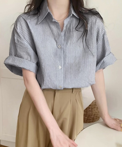Girly Doll(ガーリードール)の「ストライプ半袖シャツ(シャツ/ブラウス・レディース・ピンク/イエロー/ブルー/グリーン/ブラック・FREE)」の2枚目の写真