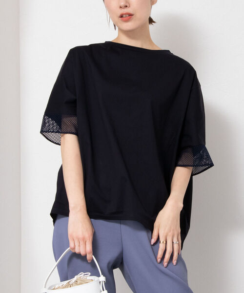 NOLLEY’S(ノーリーズ)の「トリコット×レース・ボリュームプルオーバーカットソー(Tシャツ/カットソー・レディース・ホワイト/ダークネイビー/ネイビー・FREE)」の3枚目の写真