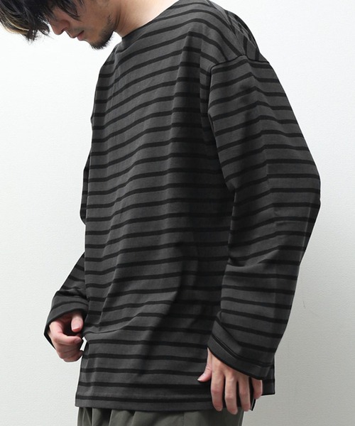 ZIP FIVE(ジップファイブ)の「【ZIP FIVE】 USAコットン ロングスリーブ バスク 長袖 Tシャツ 無地 / ボーダー(Tシャツ/カットソー・メンズ・グレー系/ネイビー系1/グレイッシュベージュ/パープル/オフホワイト/ブルー系/オレンジ系/ブラック/ライム/グレー系2/グリーン/ブルー/グレー系1/ホワイト×ネイビー/ネイビー系・LARGE/MEDIUM)」の6枚目の写真