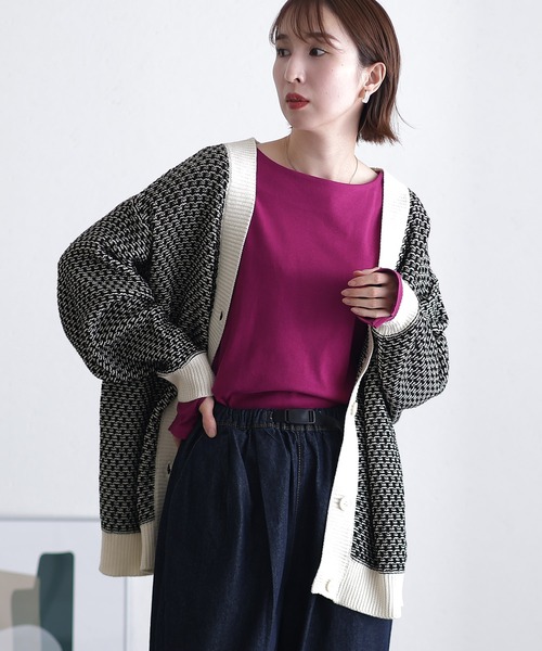 ElegChic(エレグシック)の「リンクス柄ダブルジャガードVネックカーディガン(カーディガン/ボレロ・レディース・ホワイト×ブラウン/ブラック×ホワイト/杢グレー/ブラック×グレー・M/XL/4L)」の2枚目の写真