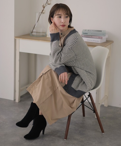 ElegChic(エレグシック)の「リンクス柄ダブルジャガードVネックカーディガン(カーディガン/ボレロ・レディース・ホワイト×ブラウン/ブラック×ホワイト/杢グレー/ブラック×グレー・M/XL/4L)」の12枚目の写真