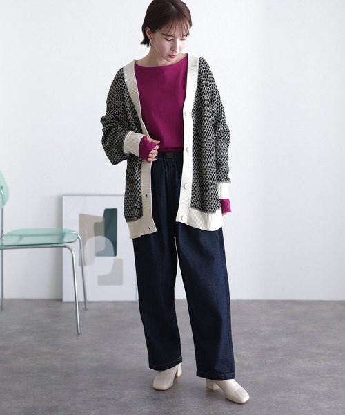 ElegChic(エレグシック)の「リンクス柄ダブルジャガードVネックカーディガン(カーディガン/ボレロ・レディース・ホワイト×ブラウン/ブラック×ホワイト/杢グレー/ブラック×グレー・M/XL/4L)」の16枚目の写真