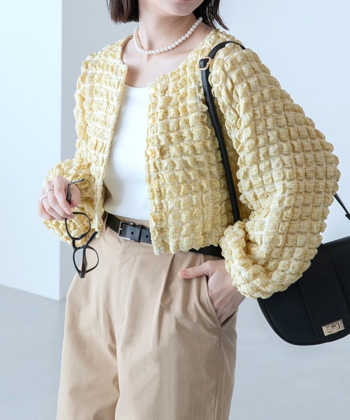 BONLECILL(ボンルシール)の「チェック柄 ポコポコクロップドカーディガン(カーディガン/ボレロ・レディース・ブラック/ライトパープル/イエロー・FREE)」の8枚目の写真