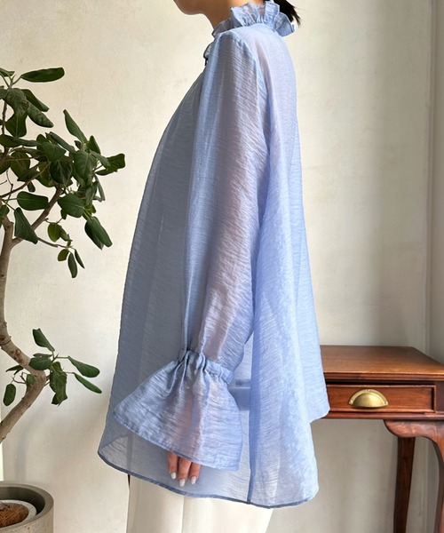 DouDou（ドゥドゥ）の「シアーフリルブラウス（シャツ/ブラウス・レディース・ホワイト/ネイビー/サックスブルー/ブラック・FREE）」の8枚目の写真