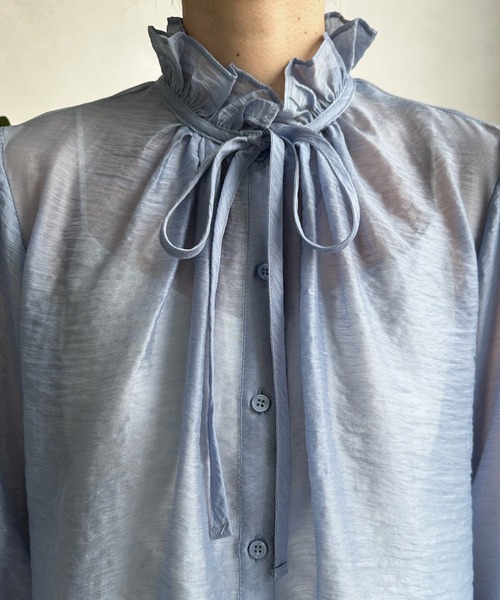 DouDou（ドゥドゥ）の「シアーフリルブラウス（シャツ/ブラウス・レディース・ホワイト/ネイビー/サックスブルー/ブラック・FREE）」の22枚目の写真