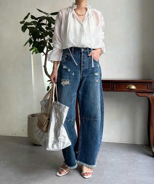 DouDou（ドゥドゥ）の「シアーフリルブラウス（シャツ/ブラウス・レディース・ホワイト/ネイビー/サックスブルー/ブラック・FREE）」の9枚目の写真