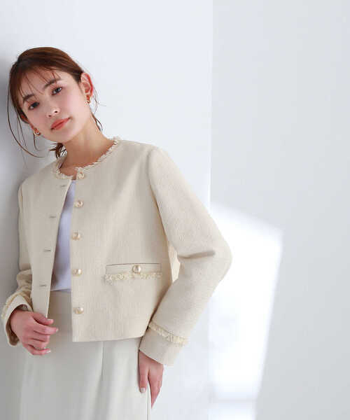 NATURAL BEAUTY BASIC（ナチュラルビューティーベーシック）の「◇ミニツィードノーカラーブルゾン（ノーカラージャケット・レディース・ブルー/オフホワイト・SMALL/MEDIUM）」の7枚目の写真