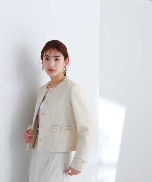 NATURAL BEAUTY BASIC（ナチュラルビューティーベーシック）の「◇ミニツィードノーカラーブルゾン（ノーカラージャケット・レディース・ブルー/オフホワイト・SMALL/MEDIUM）」の9枚目の写真