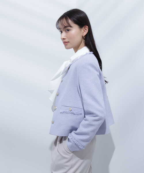 NATURAL BEAUTY BASIC（ナチュラルビューティーベーシック）の「◇ミニツィードノーカラーブルゾン（ノーカラージャケット・レディース・ブルー/オフホワイト・SMALL/MEDIUM）」の18枚目の写真