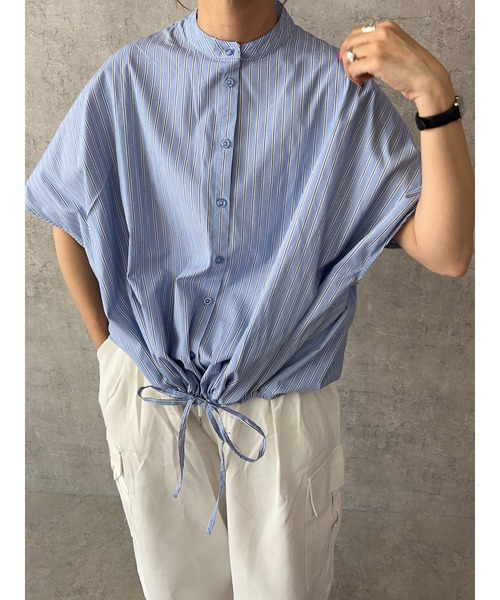 owndaily（オンデイリー）の「バッグギャザードロストフレンチスリーブシャツ（Tシャツ/カットソー・レディース・ブルー系/ホワイト・FREE）」の5枚目の写真