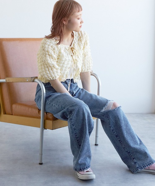 ニット カーディガン セーター 2WAY 長袖 ポコポコ クルーネック ミドル トップス レディース w closet（ダブルクローゼット）の「【前後2WAY】ポコポコクルー