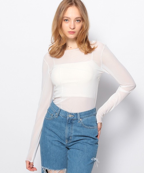 FOREVER 21（フォーエバー トゥエンティーワン）の「シアーメロウメッシュロンT（Tシャツ/カットソー・レディース・ホワイト/ブラック/グリーン・FREE）」の2枚目の写真