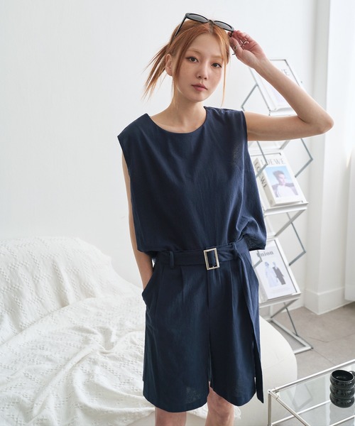 UNE MANSION（ユヌマンション）の「モダンノースリーブ＆ハーフパンツベルトSETセットアップ（セットアップ・レディース・カーキ/ネイビー/ベージュ・FREE）」の3枚目の写真