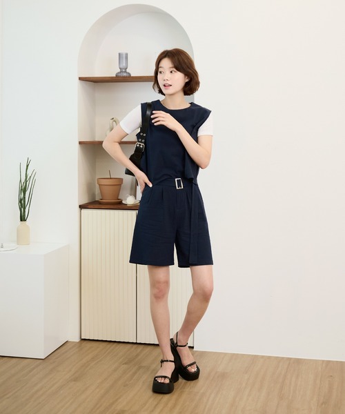 UNE MANSION（ユヌマンション）の「モダンノースリーブ＆ハーフパンツベルトSETセットアップ（セットアップ・レディース・カーキ/ネイビー/ベージュ・FREE）」の19枚目の写真