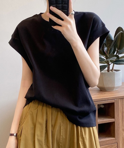 LOPASS（ロパス）の「フレンチ袖クルーネックTシャツ/tee（Tシャツ/カットソー・レディース・ベージュ/グリーン/ホワイト/グレー/ブラック・FREE）」の2枚目の写真