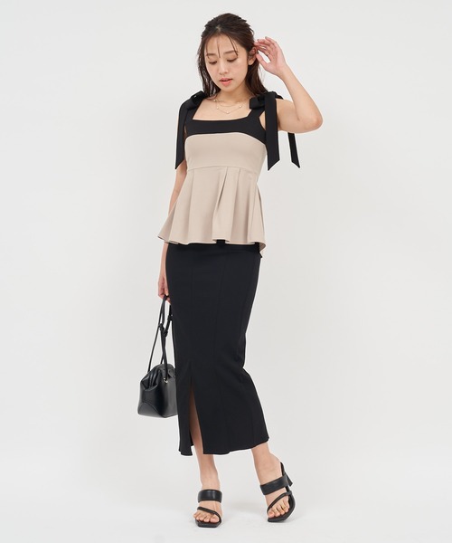 PARTYPARTY - PARTY ショルダーリボン配色ペプラムトップス【新品未使用タグ付き】 ロイヤルパーティー ROYAL PARTY ショルダーリボン配色ペプラム