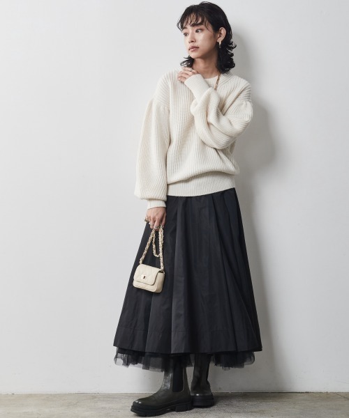 【新品】Chic style 裾チュールタックギャザーロングスカート 黒　XL CHIC STYLE（シックスタイル）の「 裾チュールタックギャザー