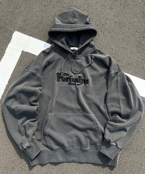 Perushu(ペルーシュ)の「立体刺繍ピグメントフーディー(パーカー・メンズ・杢グレー/ブラック/パープル・MEDIUM/LARGE)」の3枚目の写真