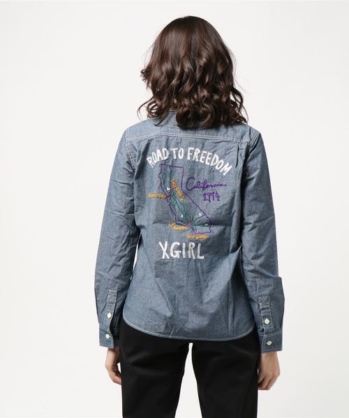 X-girl（エックスガール）の「EMBROIDERED CHAMBRAY SHIRT（シャツ/ブラウス・レディース・インディゴブルー/ライトインディゴブルー・2/1）」の4枚目の写真