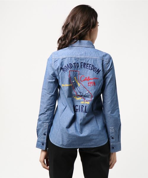 X-girl（エックスガール）の「EMBROIDERED CHAMBRAY SHIRT（シャツ/ブラウス・レディース・インディゴブルー/ライトインディゴブルー・2/1）」の5枚目の写真