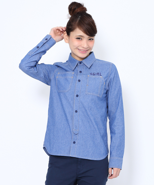 X-girl（エックスガール）の「EMBROIDERED CHAMBRAY SHIRT（シャツ/ブラウス・レディース・インディゴブルー/ライトインディゴブルー・2/1）」の7枚目の写真