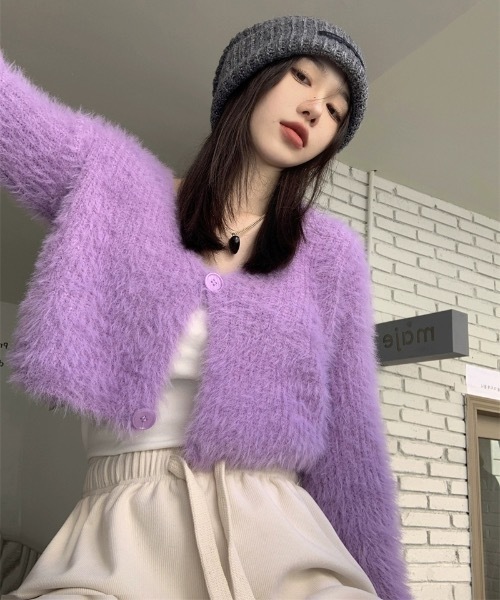 SHEPP(シープ)の「ショート丈 モヘアタッチシャギーVネック ニットカーディガン(カーディガン/ボレロ・レディース・ホワイト/ブラック/イエロー/パープル/ピンク・FREE)」の3枚目の写真