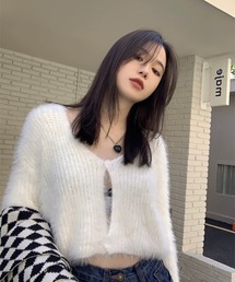 ショート丈 モヘアタッチシャギーVネック ニットカーディガン