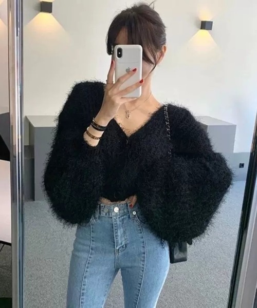 SHEPP(シープ)の「ショート丈 モヘアタッチシャギーVネック ニットカーディガン(カーディガン/ボレロ・レディース・ホワイト/ブラック/イエロー/パープル/ピンク・FREE)」の15枚目の写真