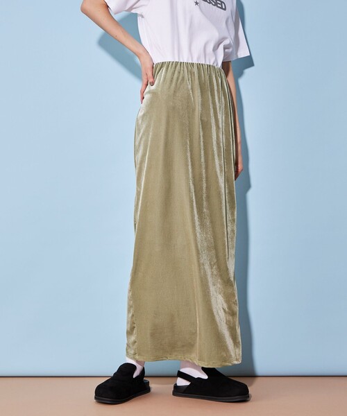 CITEN(シテン)の「<CITEN>ベロア カット マキシスカート(スカート・レディース・オリーブ/ターコイズブルー/ダークグレー・FREE)」の1枚目の写真