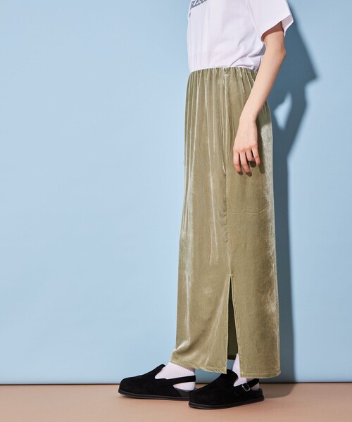 CITEN(シテン)の「<CITEN>ベロア カット マキシスカート(スカート・レディース・オリーブ/ターコイズブルー/ダークグレー・FREE)」の4枚目の写真